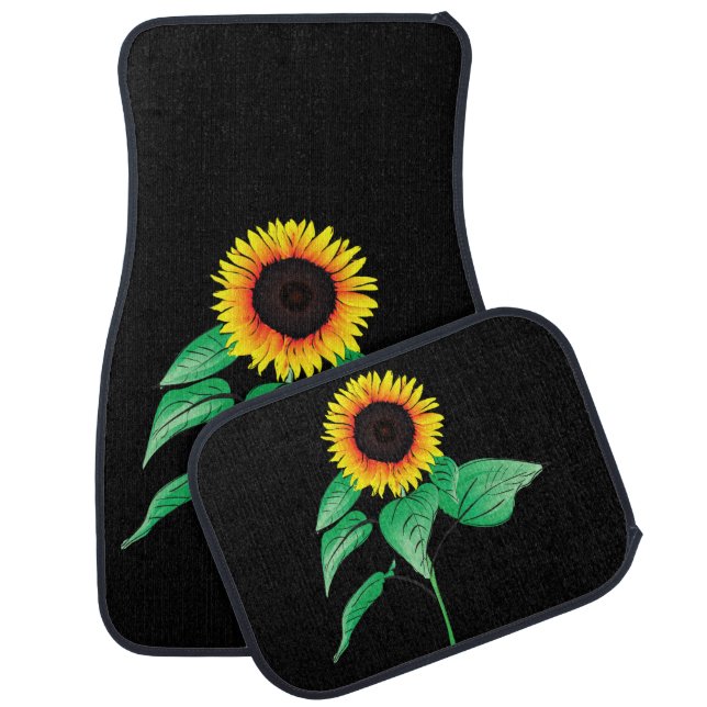 Black Car Floor Mats with Yellow Sunflower (Set)