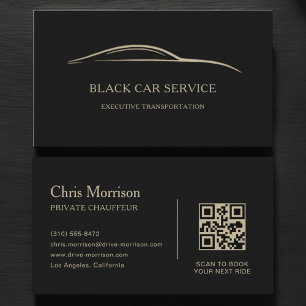 Black Car Service QR Code Black & Gold Business Card