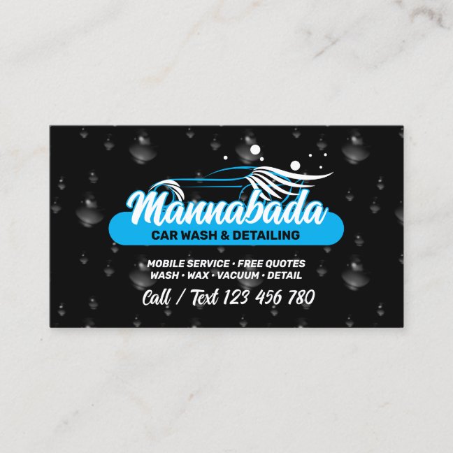 Black Car Wash Auto Detailing Water Drops Business Card