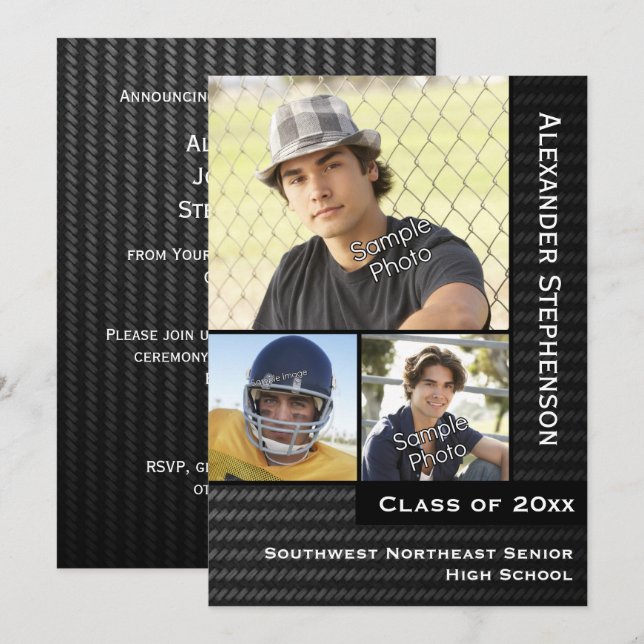 Black Carbon Fiber 3 Photo Boys Graduation Invitation (Front/Back)