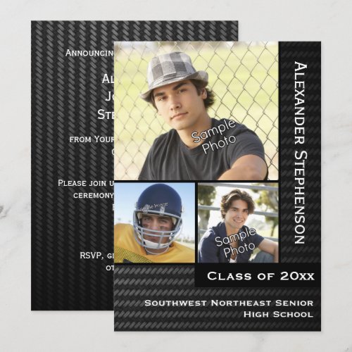 Black Carbon Fiber 3 Photo Boys Graduation Cards