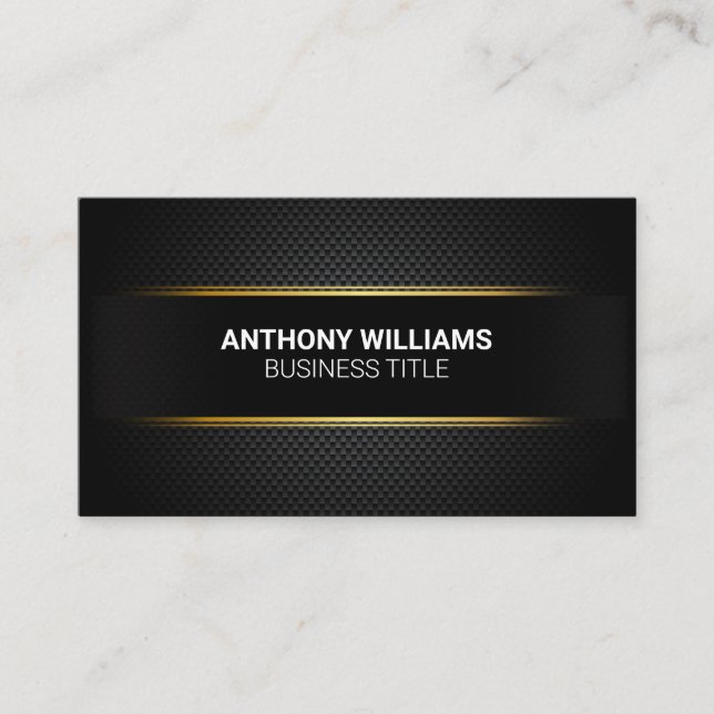 Black Carbon Fiber Pattern Golden Accent Lines Business Card (Front)