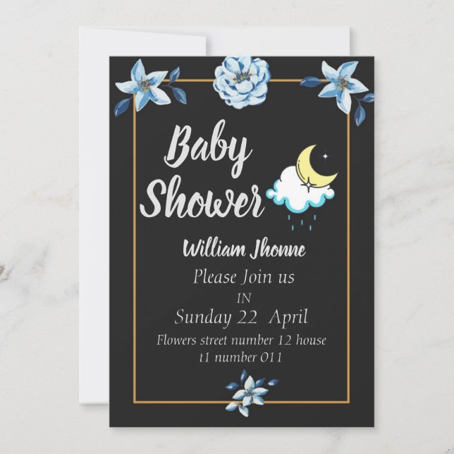 Black card blue flowers Boy baby shower invitation (Front)