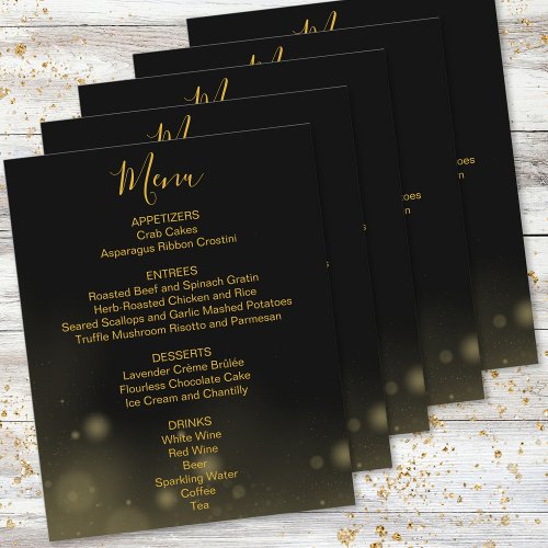 Black Card Menu with Golden Letters and Flares