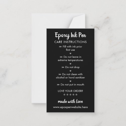 Black Care Instructions for Epoxy Pen Note Card