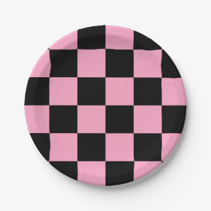 Black/Carnation Pink Checkered Paper Plates