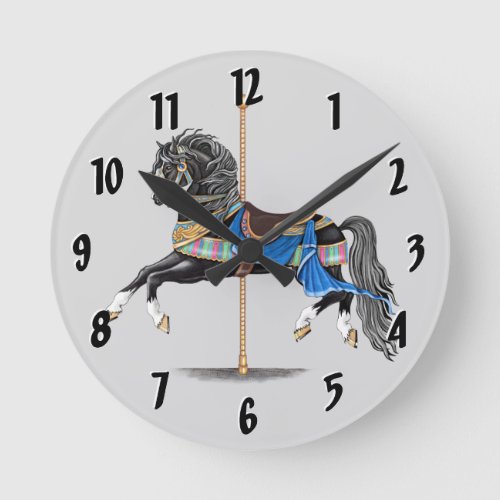 Black Carousel Horse Round Clock