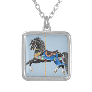 Black Carousel Horse Silver Plated Necklace