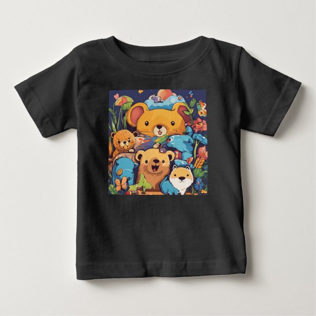 Black Cartoon Animal T-Shirt - Bear, Mouse (Front)