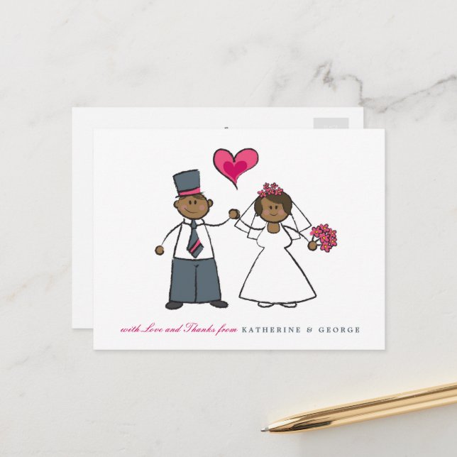 Black Cartoon Couple Mr & Mrs Wedding Thank You Postcard (Front/Back In Situ)