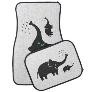 Black Cartoon Elephants White Damasks Background Car Floor Mat