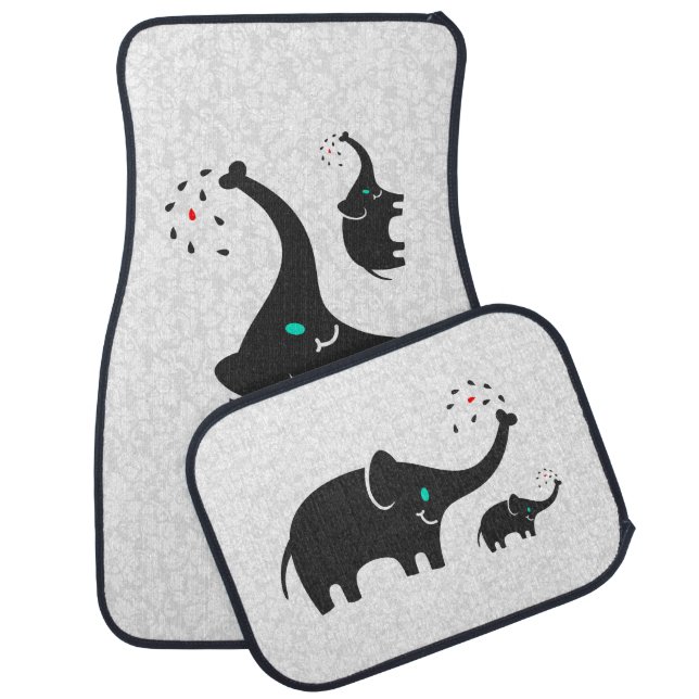 Black Cartoon Elephants White Damasks Background Car Floor Mat (Set)
