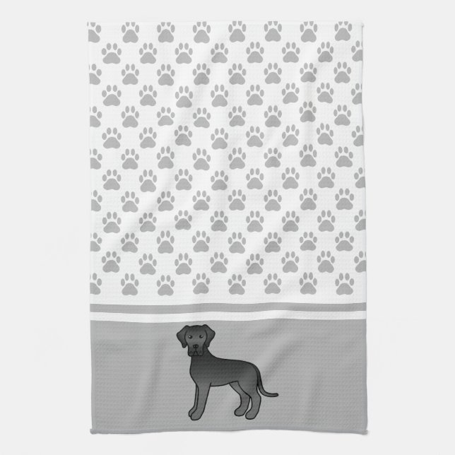 Black Cartoon Great Dane With Grey Paws Pattern Kitchen Towel (Vertical)
