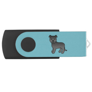 Black Cartoon Staffordshire Bull Terrier Flash Drive