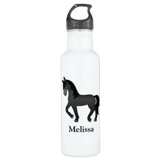 Black Cartoon Trotting Horse &amp; Custom Name Stainless Steel Water Bottle