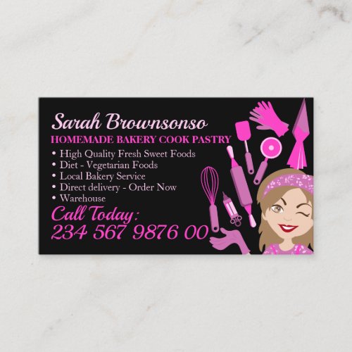 Black Cartoon Woman Bakery Cake Pastry Cook Chef Business Card