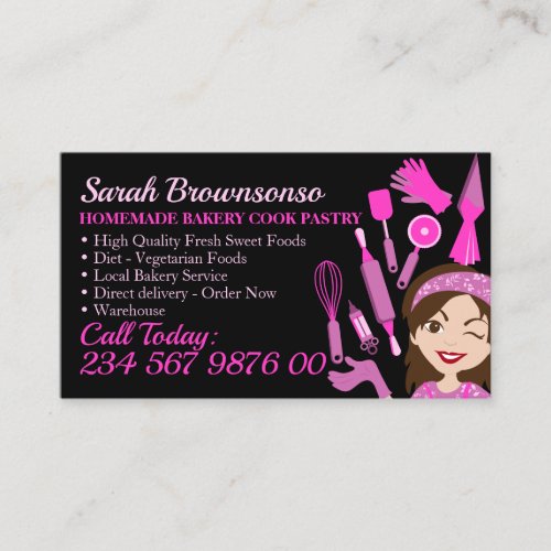 Black Cartoon Woman Bakery Cake Pastry Cooking Business Card