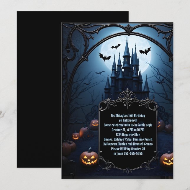Black Castle Teen Halloween Birthday Party Invitation (Front/Back)