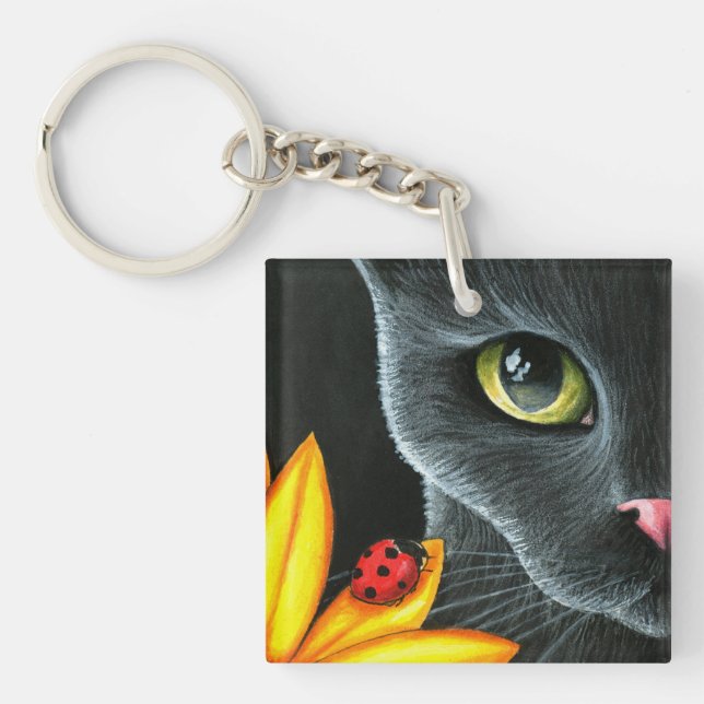 Black Cat 510 ladybug yellow flower Keychain (Front)