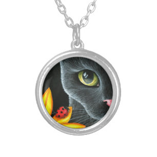 Black Cat 510 ladybug yellow flower Silver Plated Necklace