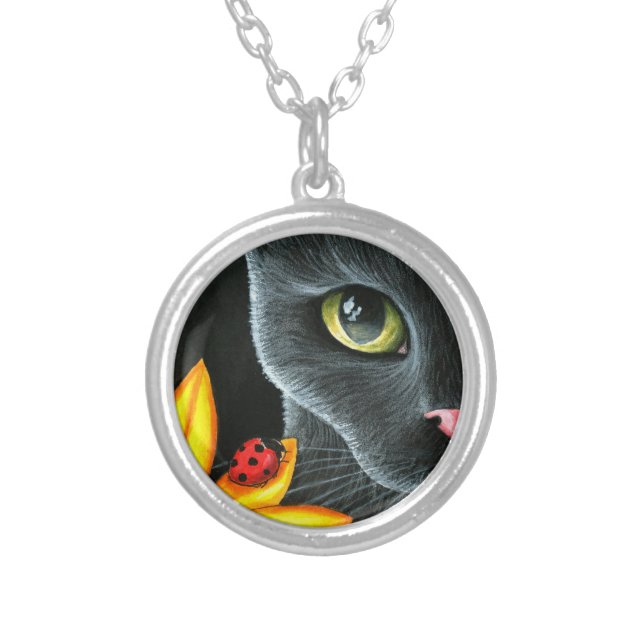 Black Cat 510 ladybug yellow flower Silver Plated Necklace (Front)