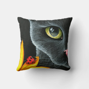 Black Cat 510 ladybug yellow flower Throw Pillow