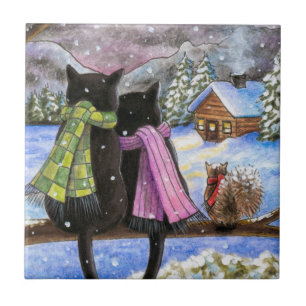 Black Cat 585 winter snow Squirrel Ceramic Tile