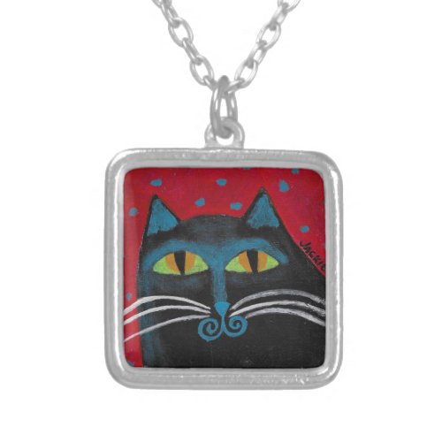 Black Cat Abstract Art to Wear Silver Plated Necklace