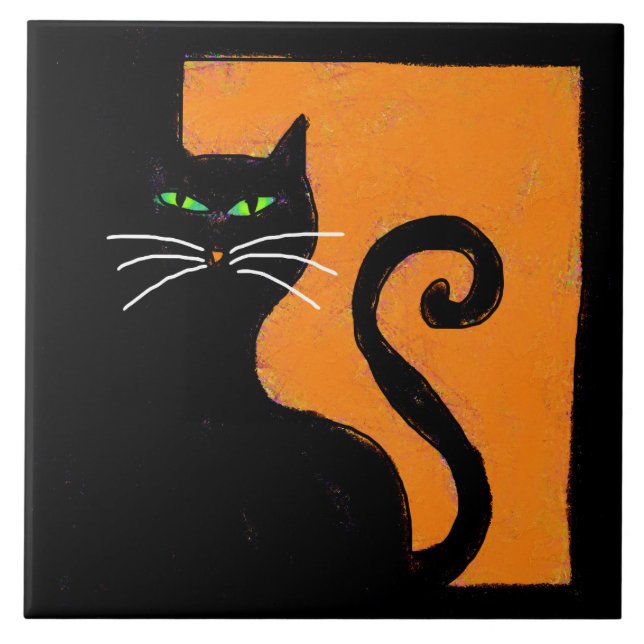 Black Cat Abstract Halloween Art Ceramic Tile (Front)