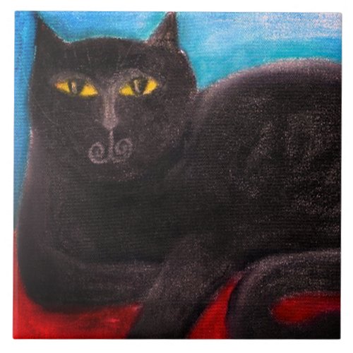 Black Cat Abstract Pastel Painting Ceramic Tile