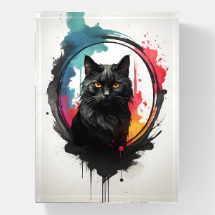 Black Cat Abstract Watercolor Vibrant Splash Art Paperweight