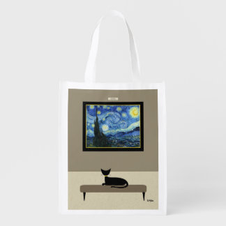Black Cat Admires Vincent van Gogh's Starry Night Grocery Bag