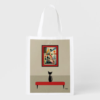 Black Cat Admires Wassily Kandinsky Painting Grocery Bag