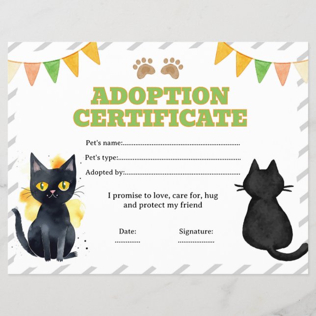 Black cat adopt a pet certificate editable flyer (Front)