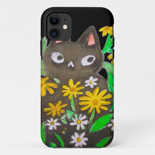 Black cat among flowers iPhone 11 case