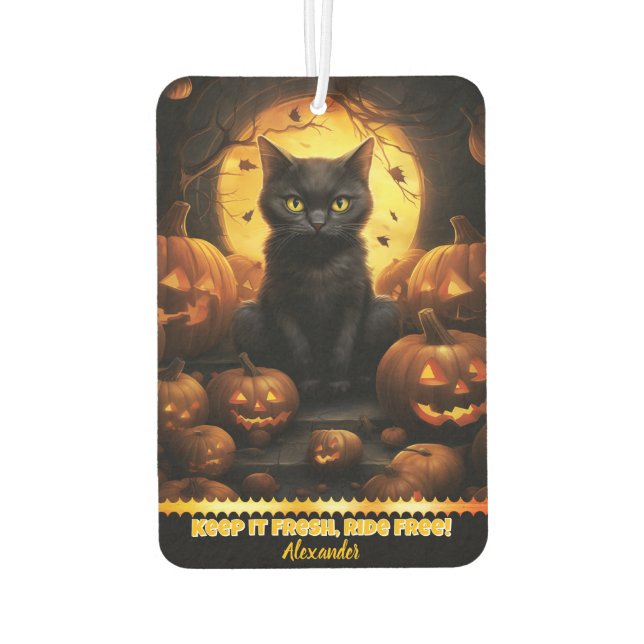 Black cat among glowing pumpkins air freshener (Back)