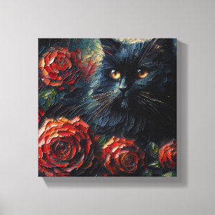 Black Cat Among Red Roses Goth Canvas Print