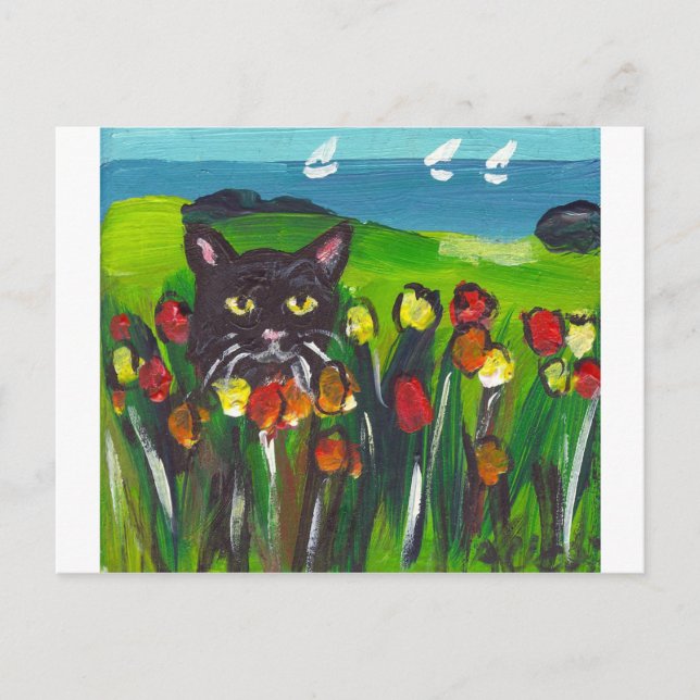 Black cat amongst tulips postcard (Front)