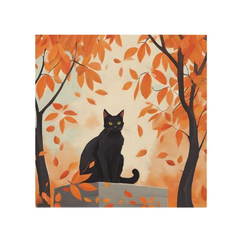 Black Cat and Autumn Foliage in the Park  Wood Wall Art