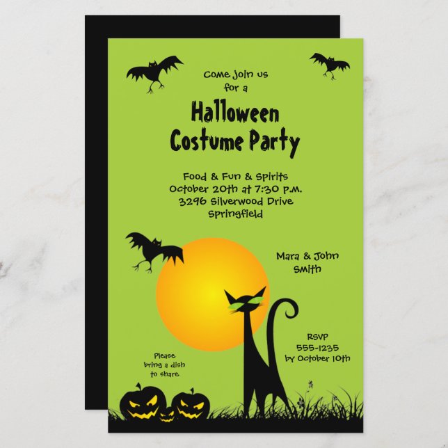 Black Cat and Bats Budget Halloween Invitations (Front/Back)