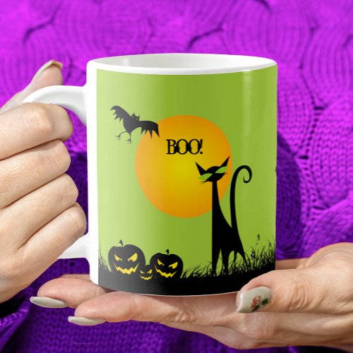 Black Cat and Bats Halloween Coffee Mug