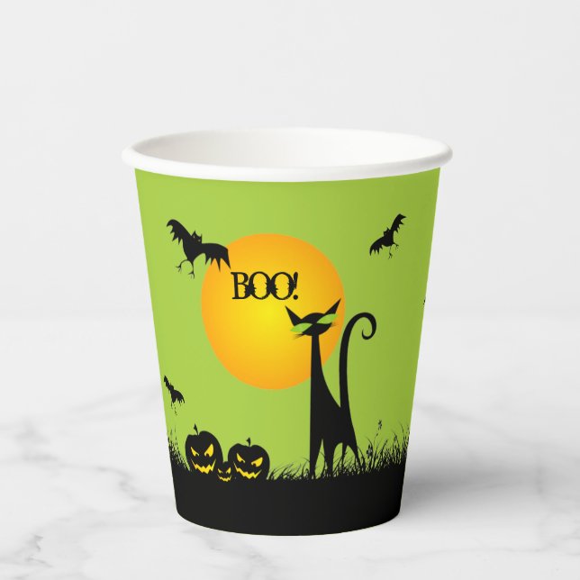 Black Cat and Bats Halloween Paper Cups (Front)
