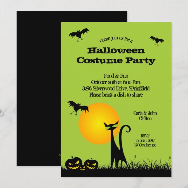Black Cat and Bats Halloween Party Invitations (Front/Back)