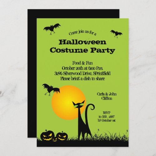Black Cat and Bats Halloween Party Invitations