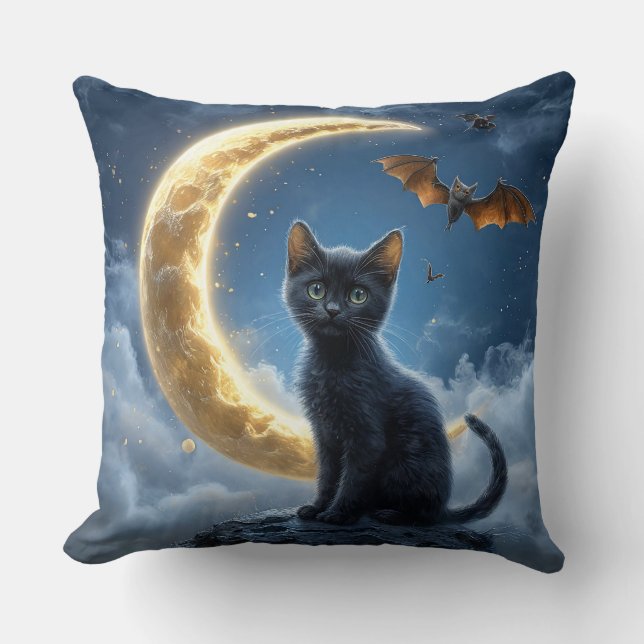 Black Cat and Bats Under a Crescent Moon Throw Pillow (Front)