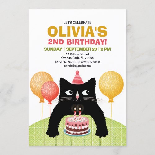 Black cat and birthday cake invitation