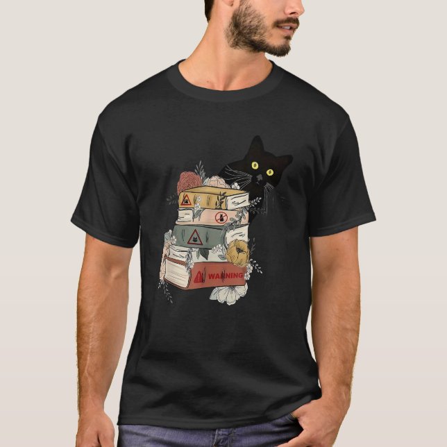 Black Cat And Books Flowers Reading Club Cat Lover T-Shirt (Front)