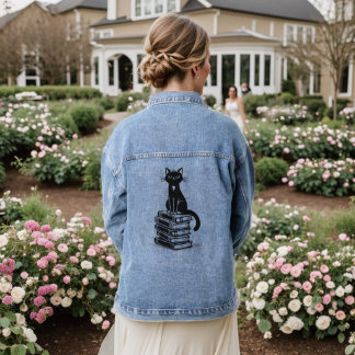 Black Cat and Books – Minimalist Design Denim Jacket