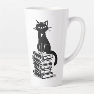 Black Cat and Books – Minimalist Design Latte Mug