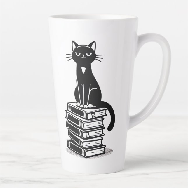 Black Cat and Books – Minimalist Design Latte Mug (Right)